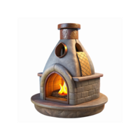 Rustic Outdoor Brick Pizza Oven with Lit Fire and Stonework Featuring Classic Chimney Design png