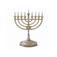Gold Seven Branch Menorah with Star of David and Intricate Detailing on Transparent Background png