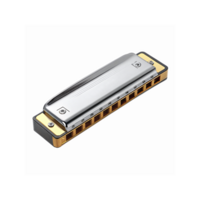 Silver And Gold Traditional Harmonica With Chrome Finish And Wooden Comb For Musical Performances And Learning png