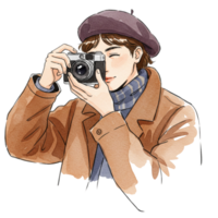 Stylish Person Taking Photo with Vintage Camera Autumn Fashion Art Coat Style Beret Image Retro png