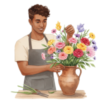 Smiling Florist Arranging Vibrant Colorful Flowers in Clay Vase man shop happy craft roses bloom png