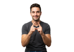 Smiling Man Gesturing Small Size Showing Tiny Product Studio Shot Sign Male Model Hands Happy Image png