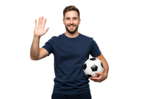 Smiling Man Waving Holding Soccer Ball Studio Shot game team sport happy smile black photo image png