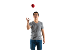 Man Tossing Red Apple Upwards Against Black Background Studio Shot Food Grey Fruit Throw Catch Shirt png