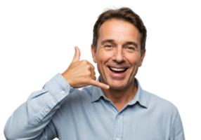 Happy Mature Man Making Call Me Gesture Studio Shot Hand Phone Adult Black Image Photo Person Signal png