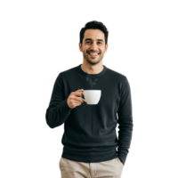 Smiling Man Enjoying Hot Coffee Break Casual Style Cup Warm Drink Happy Beige Pants Image Studio png