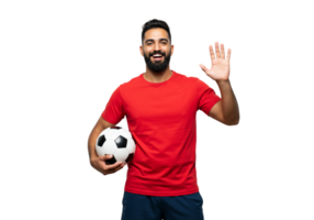 Happy Man in Red Shirt Holds Soccer Ball Waves fun game team smile sports player active energy png