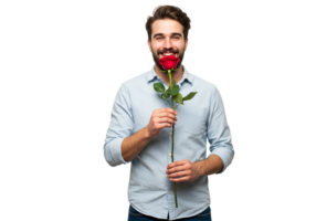 Happy Man Holding a Single Red Rose Romantic Love Date Black Flower Flower Studio Dating Smiling png