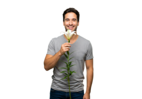 Happy Man Holding a Beautiful White Lily Flower Isolated on Black Background Love Plant Fresh Studio png