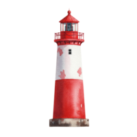 Red and White Lighthouse Watercolor Painting Nautical Coastal Sea Ocean art tower image guide beacon png