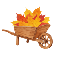 Autumn Leaves in Wooden Wheelbarrow Fall Harvest Illustration Red Cart Maple Image Orange Yellow png