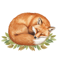 Adorable Red Fox Sleeping Peacefully on Leaves Watercolor Illustration Art Cute Cozy Rest Card Image png