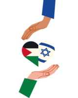 palestine and israel flags in heart with hands protecting illustration png