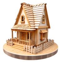 A charming miniature wooden house with a shingled roof and picket fence, exquisitely crafted and displayed on a circular wooden base png