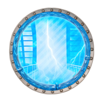 A Futuristic Portal Showing a Lightning Storm Over a Modern Bridge Through a Circular Metal Window png