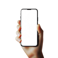 A hand holding a smartphone with a blank white screen against a black background modern technology mobile device app display png