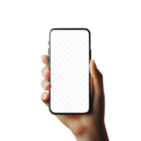 A hand holding a smartphone with a blank white screen against a black background showing a mockup for app design or mobile interface png