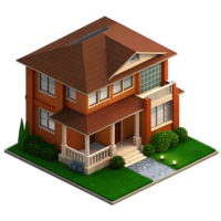 Stunning Isometric View of a Two Story Suburban Home with Brown Roof and Landscaping png