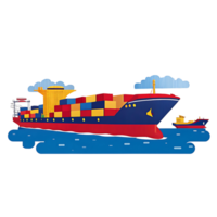 A large container ship sailing on blue water with a smaller tugboat nearby under a partly cloudy sky png