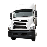 A pristine white modern semitruck with a chrome grill and sleek design is shown in this image png