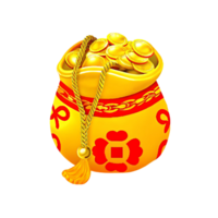 A Bountiful Golden Bag Overflowing with Shiny Coins and Adorned with Red Chinese Symbols png