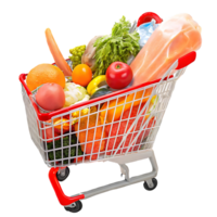 Full Shopping Cart of Fresh Produce and Meat at the Grocery Store png