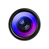 Closeup of a vibrant lens with purple and blue neon glow, isolated on black background, showing intricate details of camera optics and technology png