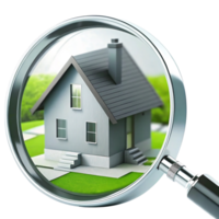 Detailed Examination of a Suburban House Through a Magnifying Glass Revealing Architectural Features and Landscaping png