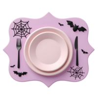 Spooky Halloween Table Setting with Pink Plates and Bats png