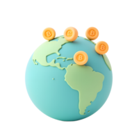 Global Bitcoin Cryptocurrency on Earth Globe 3D Render png