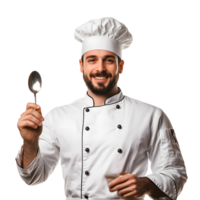 souriant chef dans uniforme en portant une cuillère contre transparent Contexte png