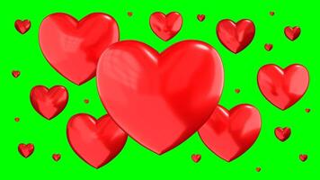 Many 3D Hearts Rotating on Green Background video