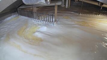 Automatic mixing of fermented milk with two big nozzles in wide tank. Process of cheese production at milk factory. Close up. video