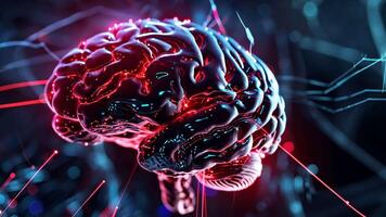 Futuristic AI brain, glowing with neon, symbolizes AI and human intelligence merger. Artificial intelligence video