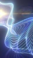A high-tech wireframe mesh glowing with neon blue and white light, creating a digital futuristic atmosphere abstract background video