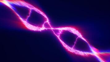 Glowing neon DNA helix with electric energy flowing through its structure against a dark background video