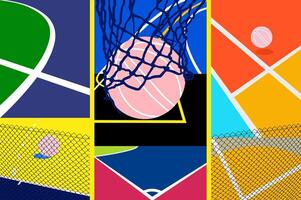 Basketball Courts. Close up of basketball court lines view. concept in flat style. High angle view of basketball court dividing lines on colorful abstract background. vector
