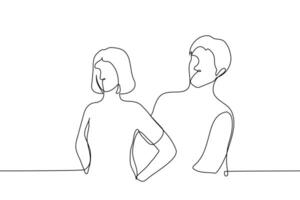 man looking from behind standing man with hands on hips - one line drawing . dominant woman and submissive man concept vector