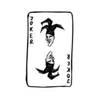 joker card with grunge icon of clown head in Tricorne hat with bells - line art vector
