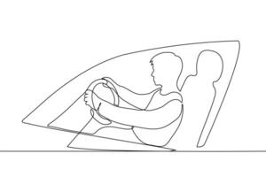 man sitting holding steering wheel of car, view from outside car through window - one line art vector