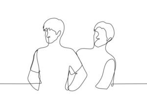 man looking from behind a man standing in front with his hands on his hips - one line art vector