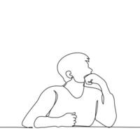 man sitting at table close-up in profile deep in thought or staring, propping his chin on his fist - one line art vector