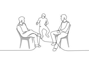 men sitting on chairs opposite each other, a third man talking next to them - one line art . concept of wedging into someone else's conversation, conversation vector