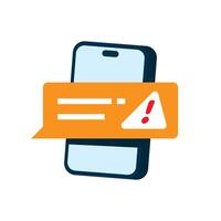 Flat illustration of smartphone screen with a chat bubble and exclamation mark, representing a warning message, security alert for unusual account activity vector