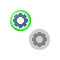 Flat illustration of two gears representing system status. green gear indicates an active or running program, gray gear represents an inactive or stopped function. for system status indicators vector