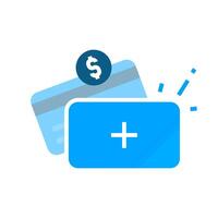 Flat illustration of an ATM card with a plus sign and a dollar symbol, representing the addition of a new payment method. Ideal for finance, banking, fintech, and digital payment concepts vector