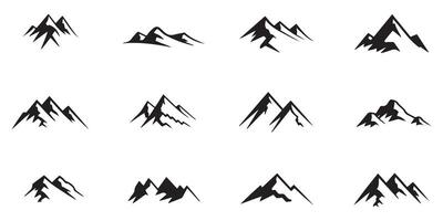 A collection of twelve minimalist black mountain silhouette peak icons varying in style and shape vector