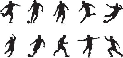 A collection of black silhouette of soccer players in various poses, kicking, running, and jumping. vector