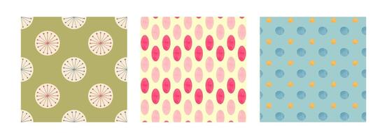 set of seamless watercolor geometric patterns. Green with abstract dandelions, cream with pink ovals, blue with orange dots. Perfect for stationery, gift wrap, fabrics, and digital backgrounds. vector