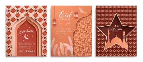 Eid Mubarak poster set with abstract paper-cut effect, intricate geometric patterns, and festive Arabic calligraphy for Eid al-Fitr. Perfect for greeting cards, social media designs, and invitations. vector